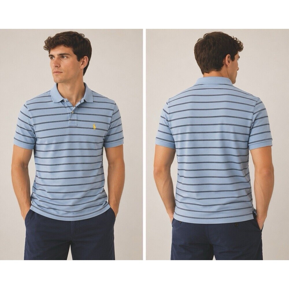 Polo Ralph Lauren Mens L Blue Striped Polo Shirt Yellow Pony Short Sleeve